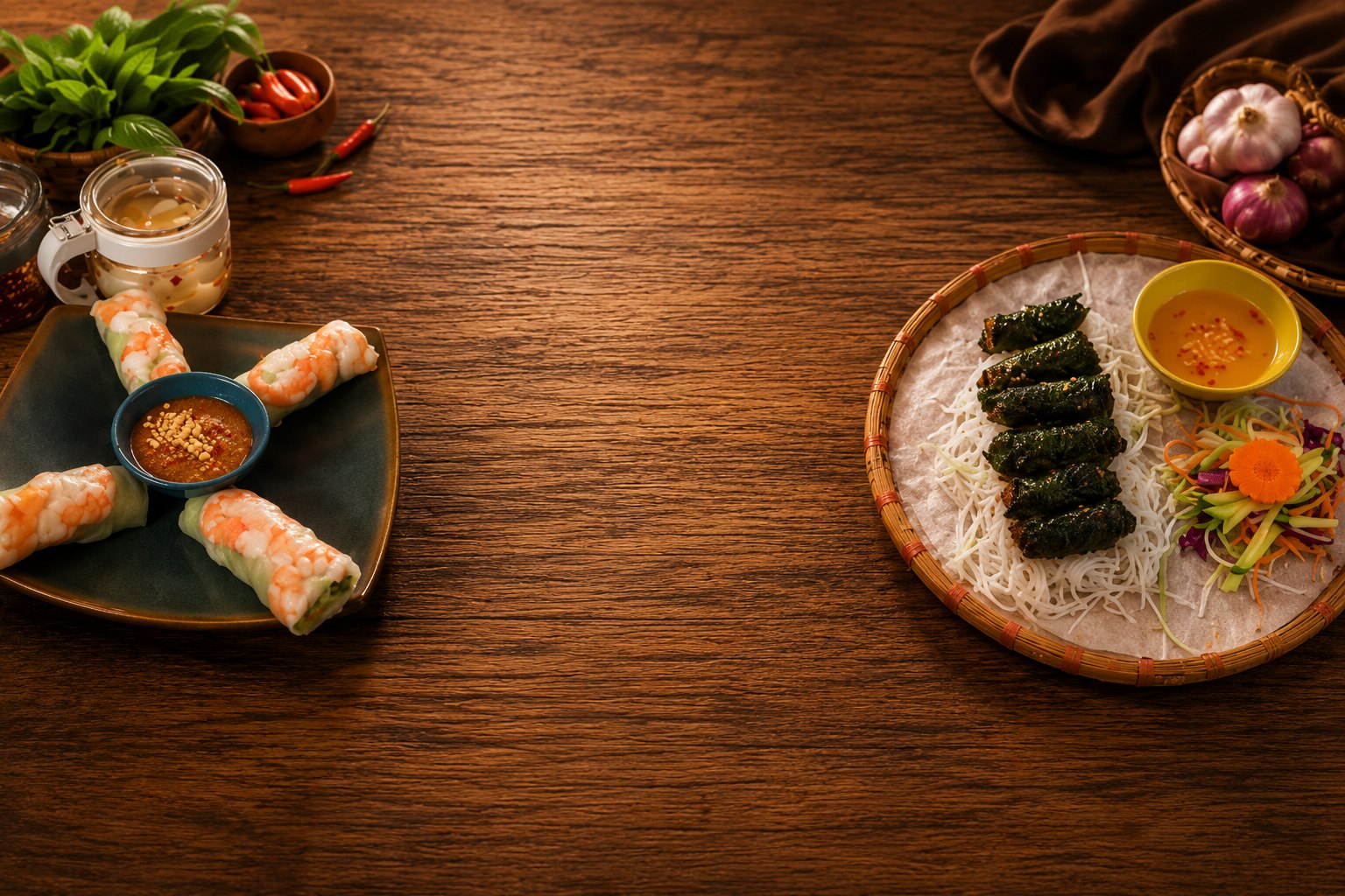 Summer rolls, bò lá lốt and fresh herbs on a wooden table at Little Vietnam Glasgow